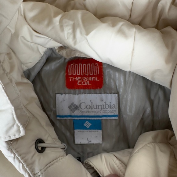 Columbia Thermal Coil Puffer Jacket Womens Large Cream Faux Fur Hood Winter Coat - Picture 2 of 5